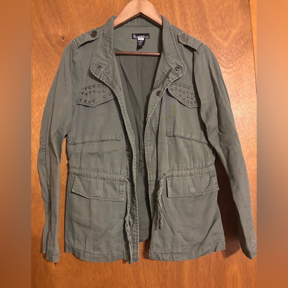 Olive Utility Jacket with Stud Details and Cinch Waist